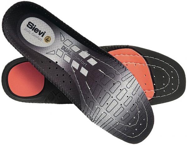 The image shows two insoles. They are predominantly black with a red area at the heel. The top side has small holes and printed patterns for ventilation and cushioning.