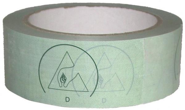 The image shows a roll of removable adhesive tape with a green, matte paper. On the roll, symbols for fire and mountains are depicted, which are present in the print.