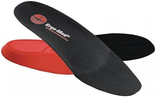 The image shows several shoe inserts. One is red, one is black, and one has a wavy surface. The surfaces are smooth, with a logo in the center.