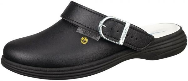 Der Schuh ist ein schwarzer Clog mit einer schlichten Form. Er hat einen verstellbaren Riemen aus Leder, der über den Spann verläuft. Die Sohle ist dick und leicht gewellt.