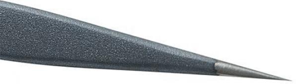 The image shows the tip of a black, round object with a smooth, slightly shiny surface. The tip is narrow and pointed. The material appears sturdy.
