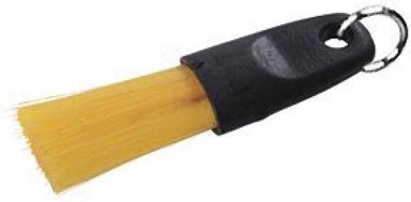 The image displays a small brush with a yellow brush head and a black handle. Attached to the end of the handle is a ring, likely for hanging.