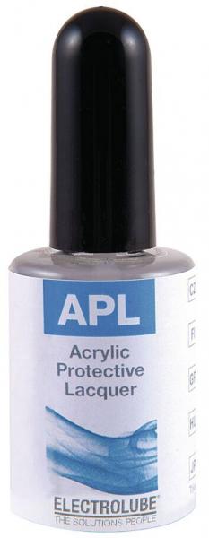 The image shows a small bottle with a black cap. The label is predominantly white with blue and gray elements, and it reads "APL" and "Acrylic Protective Lacquer".