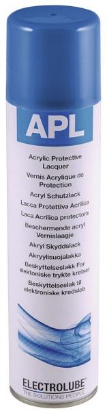 The image shows a spray can with a blue cap. On the can, "APL" is written in large letters. Below that, there are instructions for use and protection of electronic components.