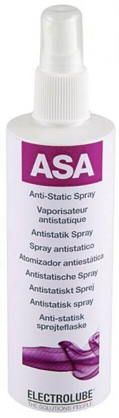 The image shows a white spray bottle with a spray-shaped nozzle. The bottle reads "ASA Anti-Static Spray" in purple and black letters. The bottle has a simple, functional design.
