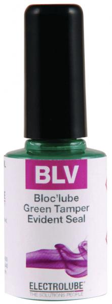 The picture shows a glass bottle with a green cap. The label reads "BLV" and "Bloc'lube Green Tamper Evident Seal". The bottle appears to contain a special sealing agent.