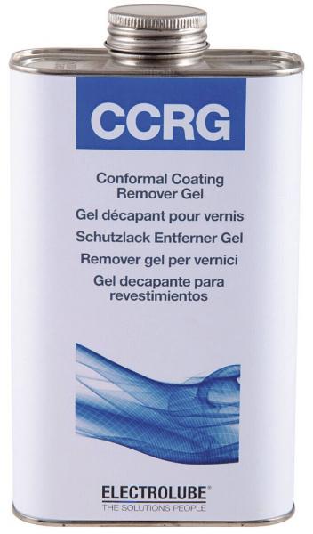The image shows a metal bottle with a screw cap. On the front, "CCRG" is written in large letters. Below, there are descriptions in multiple languages indicating a protective coating remover gel.