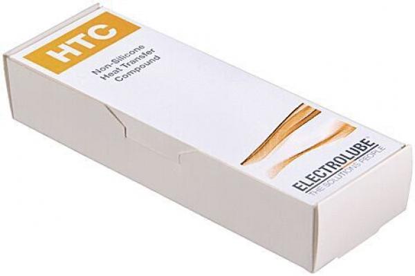 The image shows a simple, rectangular white packaging. On the top side in orange is "HTC" and below it, "Non-Silicone Heat Transfer Compound". Below that reads "ELECTROLUBE".