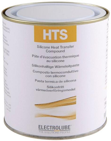 The image shows a round can with a screw lid. On the white surface are text details in various languages, including "HTS" and "Silicone Heat Transfer Compound". The bottom is slightly wavy.