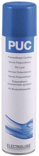 Das Bild zeigt eine Spraydose mit einem blauen Deckel. Auf der Dose steht "PUC" und verschiedene Beschreibungen zu Polyurethan-Lack, in mehreren Sprachen. Der Hintergrund ist weiß und es gibt eine blaue Welle am unteren Rand.