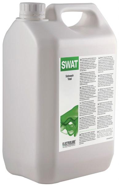 In the picture is a large, rectangular plastic container with a screw cap. The front is labeled with green lettering and a logo that displays "SWAT" and "Safewash Total".
