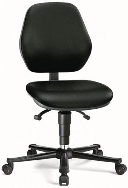 Der Stuhl ist ergonomisch geformt, hat eine schwarze, gepolsterte Sitzfläche und Rückenlehne. Er steht auf einem fünfstrahligen Fuß mit Rollen, ideal für Büros.