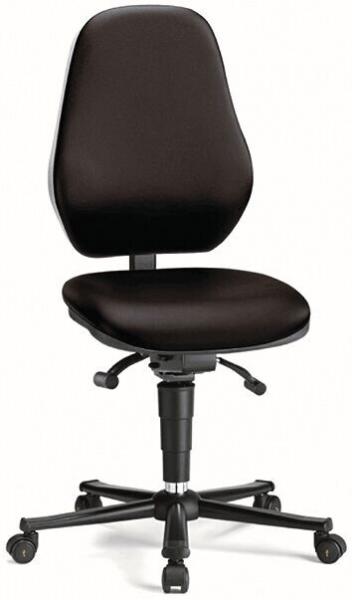 The chair is ergonomic, with a high, rounded backrest and a wide, flat seat. It is black, has casters, and a height-adjustable feature.