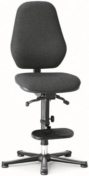 The chair has a black fabric cover and a high, ergonomic backrest. The seat is also black and mounted on a swivel base with five casters. There is a footrest.