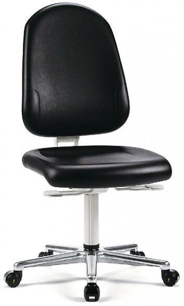 The chair is ergonomic with a black seat and backrest. It has an adjustable height and a base with five casters for easy movement.