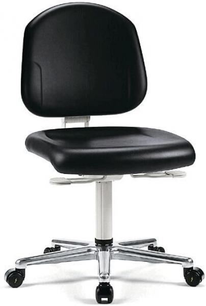 A black office chair with a round, padded seat and a high backrest. It has a chrome base with five casters for mobility. Height adjustable.