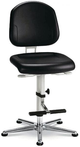 The chair has a black, padded seat and backrest. The height is adjustable, and it stands on a chrome base with five casters for mobility.