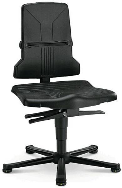The chair is ergonomically designed, has black upholstery, and a high backrest. It stands on a rolling base with five sturdy wheels and height adjustability.