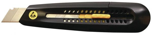 The image shows a black cutter with a sharp blade. The handle has a yellow button and color indicator. There is an opening on one side to slide out the blade.