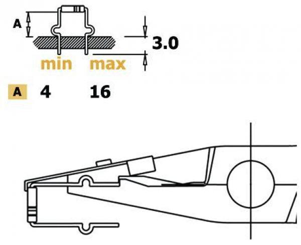 Das Bild zeigt technische Zeichnungen. Oben ist ein Querschnitt mit Höhenangaben (3.0) und Mindest- (4) sowie Höchstwert (16) für eine Dimension gekennzeichnet. Unten ist eine seitliche Ansicht eines Objekts.