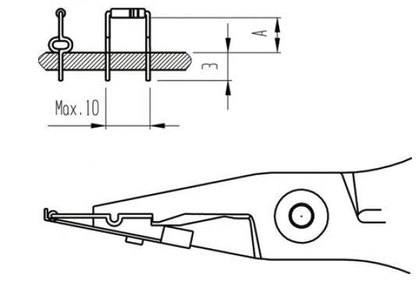 Das Bild zeigt eine technische Zeichnung eines Werkzeugs, wahrscheinlich einer Zange. Eine Seite zeigt die Zange seitlich mit einem Ausschnitt, die andere Seite zeigt eine schematische Darstellung mit Abmessungen.