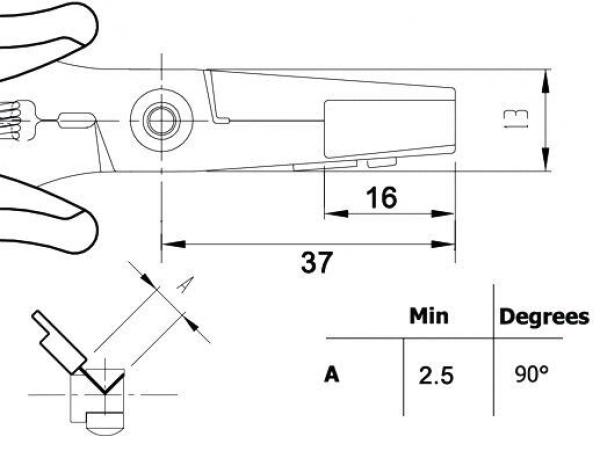 The image shows a technical drawing of a tool, possibly a pair of pliers. Dimensions are provided, including lengths of 13 mm, 16 mm, and 37 mm, as well as an angle of 90 degrees.