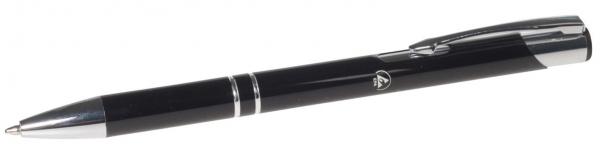 In the picture, there is an elegant, black ballpoint pen. It features silver accents, including a thin line and a clip-like closure at the top.