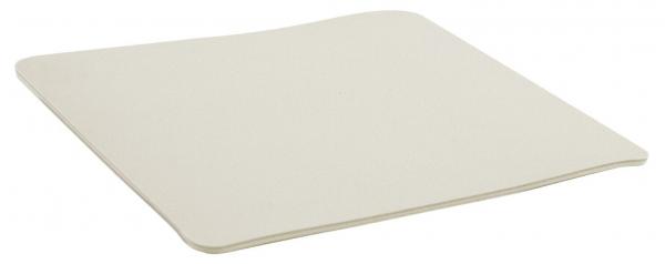 The image displays a square, slightly curved object in light beige. It has rounded edges and a smooth surface that feels soft to the touch.