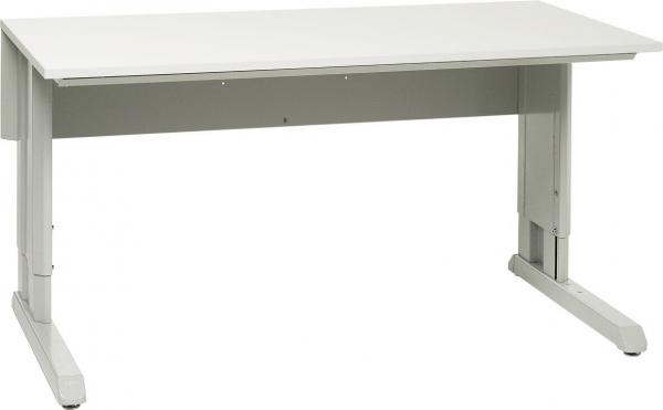 The image displays a simple, rectangular table with a white surface. The table legs are made of gray metal and provide stability. The table has a modern, minimalist shape.