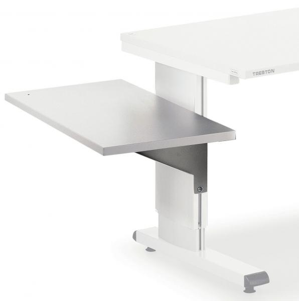 The image shows a modern, height-adjustable desk with a white tabletop. Below it is a silver, extendable tray table that is mounted on the side.