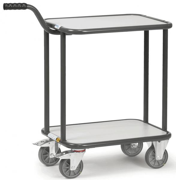 The cart has two flat shelves and a handle. It stands on four wheels that can rotate. The structure is made of metal with a gray frame and white shelves.