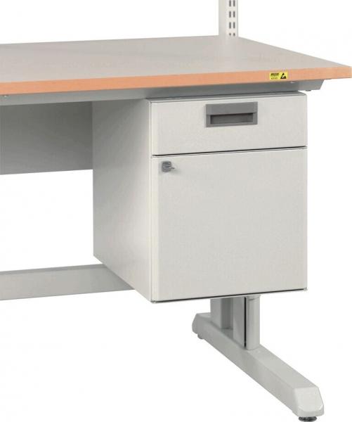 The image shows a desk with a light wooden top and a gray base. On the left side, there is a drawer unit with a small drawer and a door.