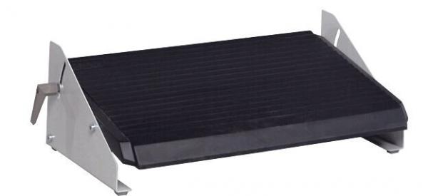 The image shows a physical footrest, consisting of a black, non-slip top and silver side supports. It is used to improve sitting posture.
