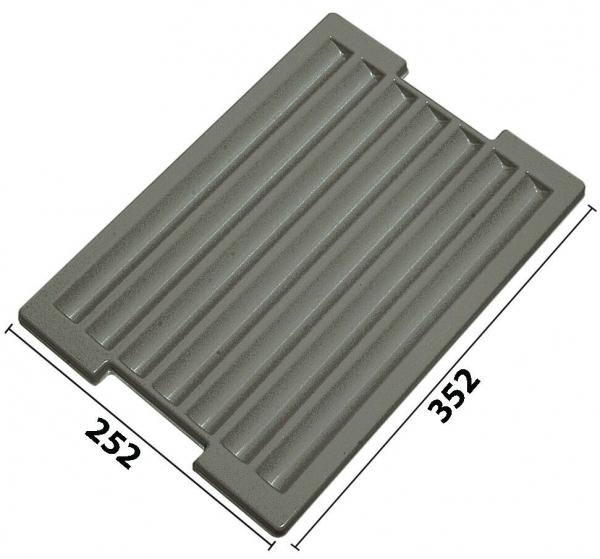 Das Bild zeigt eine rechteckige, graue Matte mit vertikalen Rillen. Sie hat Maße von 252 mm in der Breite und 352 mm in der Länge. Die Rillen dienen als rutschfeste Oberfläche.