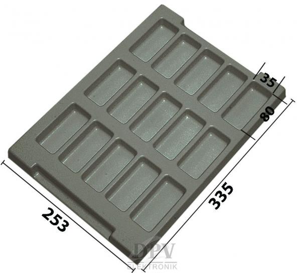 Das Bild zeigt eine rechteckige Kunststoffplatte mit 12 länglichen Vertiefungen. Sie ist grau, hat eine Grifflasche und Maße von 335 mm Länge und 253 mm Breite.