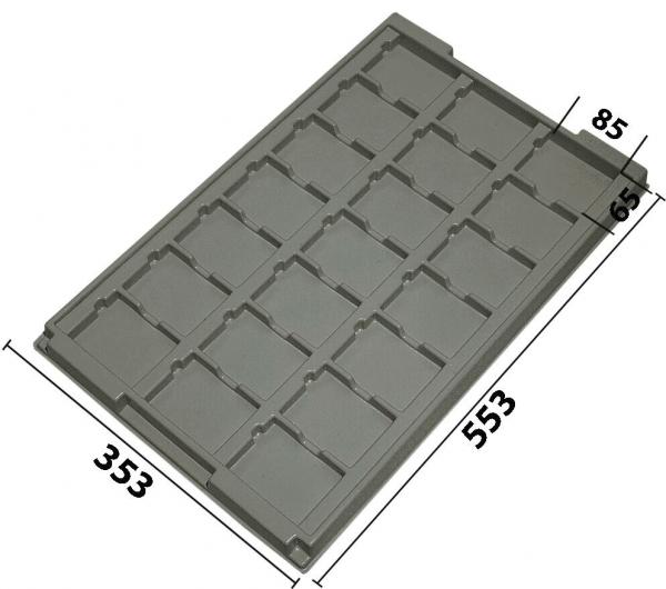 The image displays a gray plastic mold with 16 rectangular indentations. The dimensions are 553 mm long, 353 mm wide, and 85 mm high. The mold has a flat top and is sturdy.