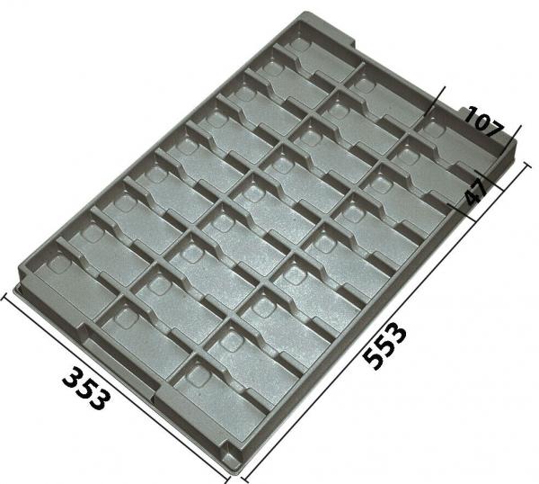 The image displays a gray plastic tray with many small compartments. It has a rectangular shape with forty recessed areas to neatly organize objects.