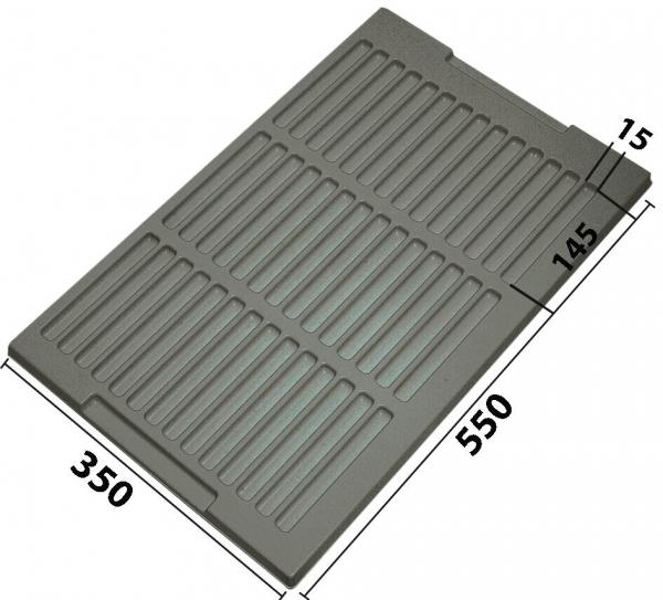 The image shows a gray, rectangular plate with many parallel grooves. The dimensions are 550 mm long and 350 mm wide. It has a thickness of 15 mm and a recess on one side.