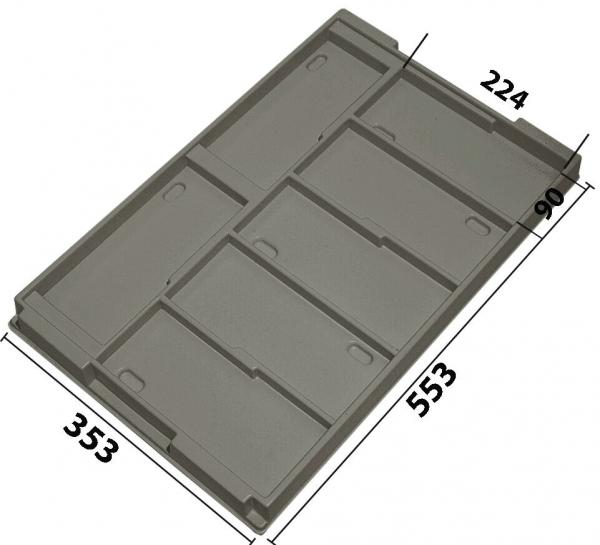 The image shows a gray, rectangular plastic tray with a total of seven compartments. The compartments vary in size and have rounded corners. Dimensions are provided.