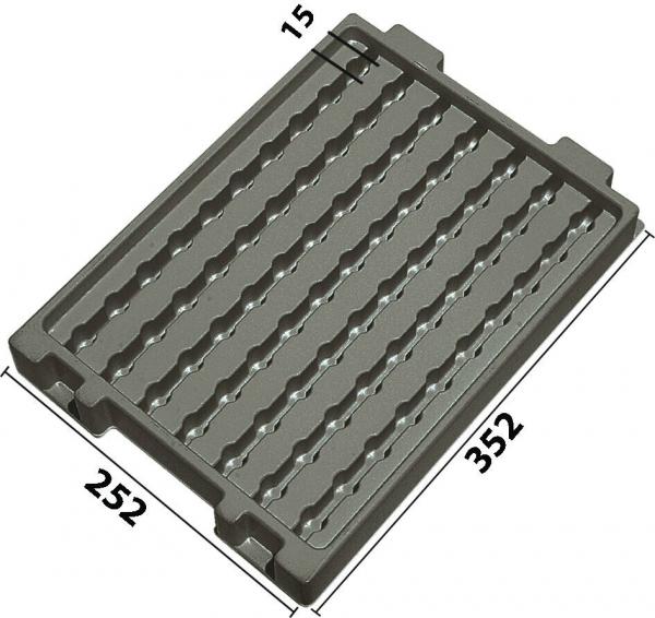 The image shows a rectangular, gray mat with parallel wave patterns. It measures 252 mm in width and 352 mm in length. The mat appears to be slip-resistant.