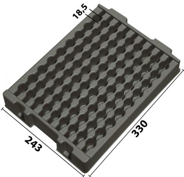 The image displays a rectangular, gray plastic mat with a wavy structure. It measures 243 mm in width and 330 mm in length, with a thickness of 18.5 mm.