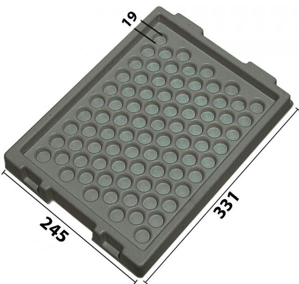 The image shows a rectangular, gray plate with many round indentations. The plate measures approximately 33.1 cm in length and 24.5 cm in width. There are also two small notches in the upper area.