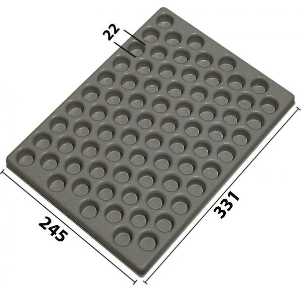 The image shows a rectangular, gray plate with many uniform indentations where small objects can be placed. The plate measures 245 mm x 331 mm and the indentations have a diameter of 22 mm.