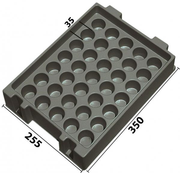 The image displays a gray plastic mold with 36 round indentations in three rows. The dimensions are 350 mm in length and 255 mm in width. There are two handles on one side.