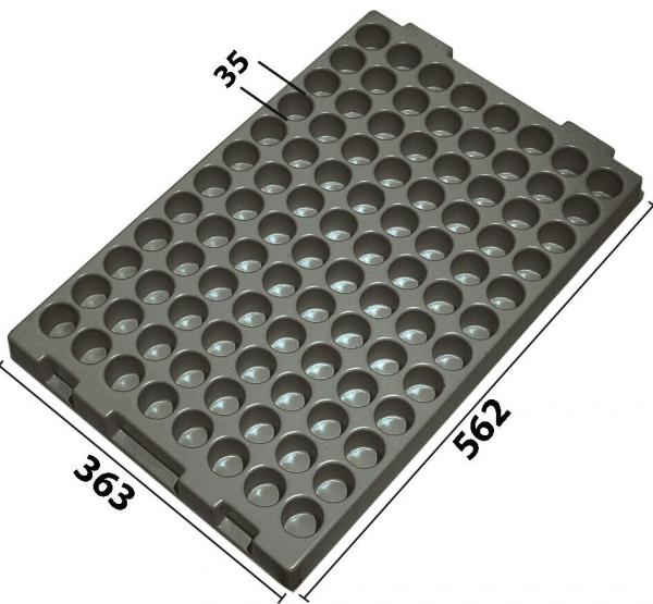 The image shows a flat, gray plate with many small, round indentations. The plate is rectangular in shape and measures 363 mm in width and 562 mm in length.