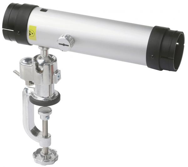 The image shows a telescope. It has a silver, cylindrical body with black ends. There is an adjustable mount on the bottom that stabilizes it.