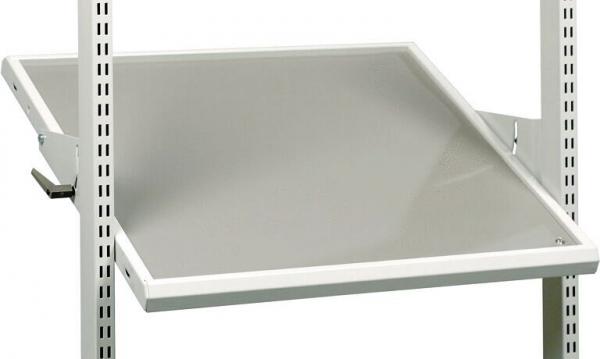 The image shows a bright, diagonally arranged shelf that is attached to a frame with two vertical rods. The edges are clearly defined, the surface appears smooth.