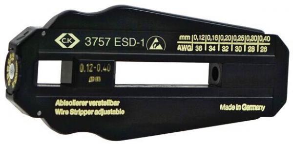 The image shows a black wire stripper. It has an ergonomic shape with a large opening in the middle and various measurements. The labeling is in yellow.