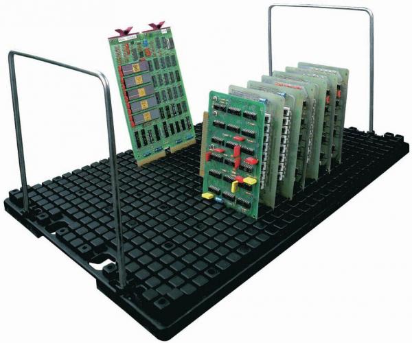 The image shows a black, diamond-shaped bracket with several vertically oriented circuit boards. These have various electronic components and are fixed to two metal brackets.