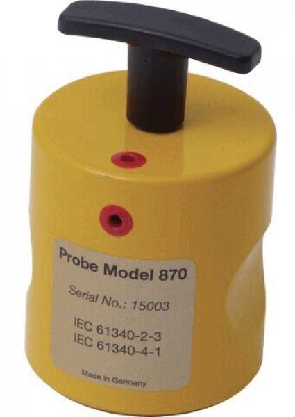 The image displays a yellow, cylindrical device with a handle on top. On the front, there are two round dots in red and black, as well as a label with the model number and specifications.